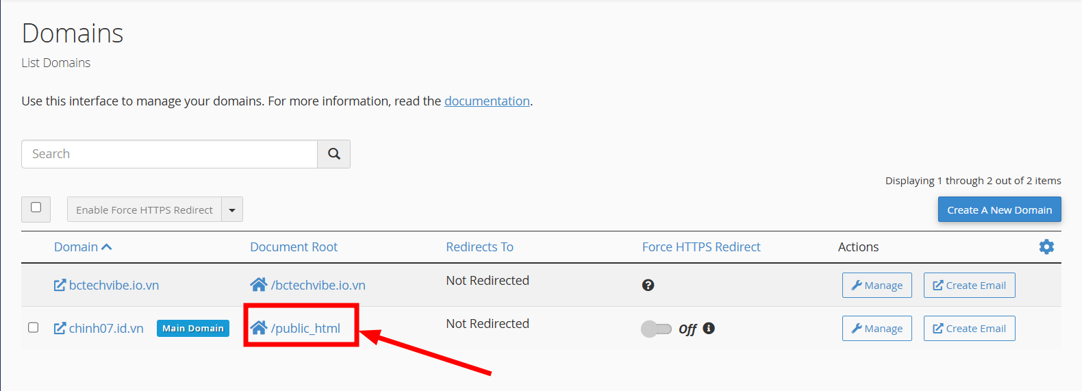 Đường dẫn thư mục website (cột Document Root).