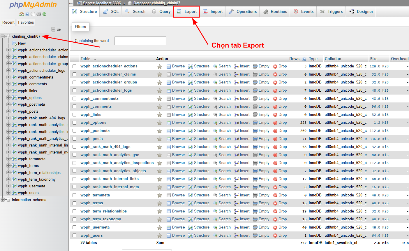 Chọn Databse của website và chọn tab Export