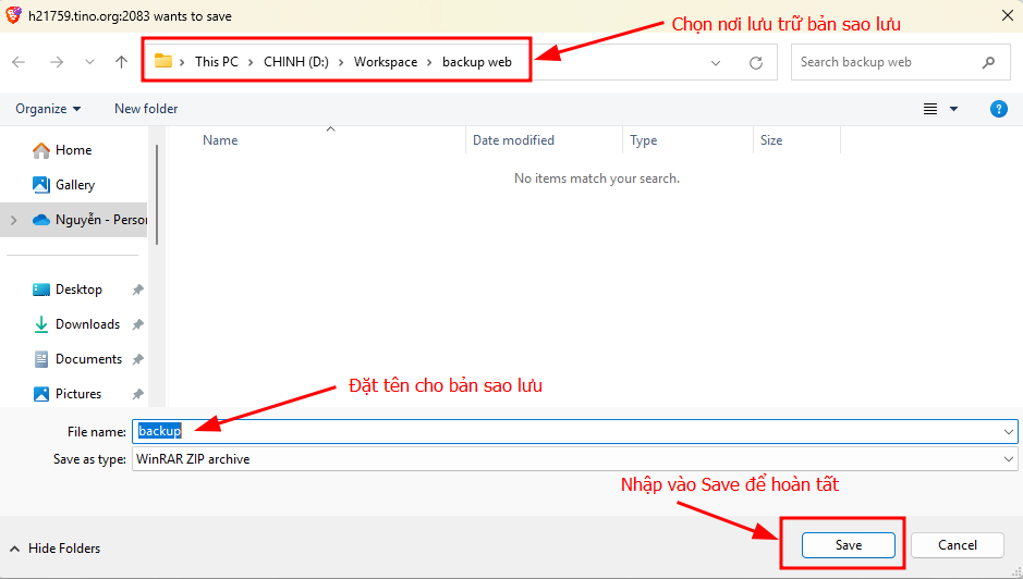 Chọn nơi lưu trữ để hoàn tất quá trình backup mã nguồn website.