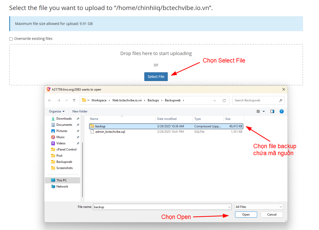 Chọn File backup mã nguồn để tải lên.