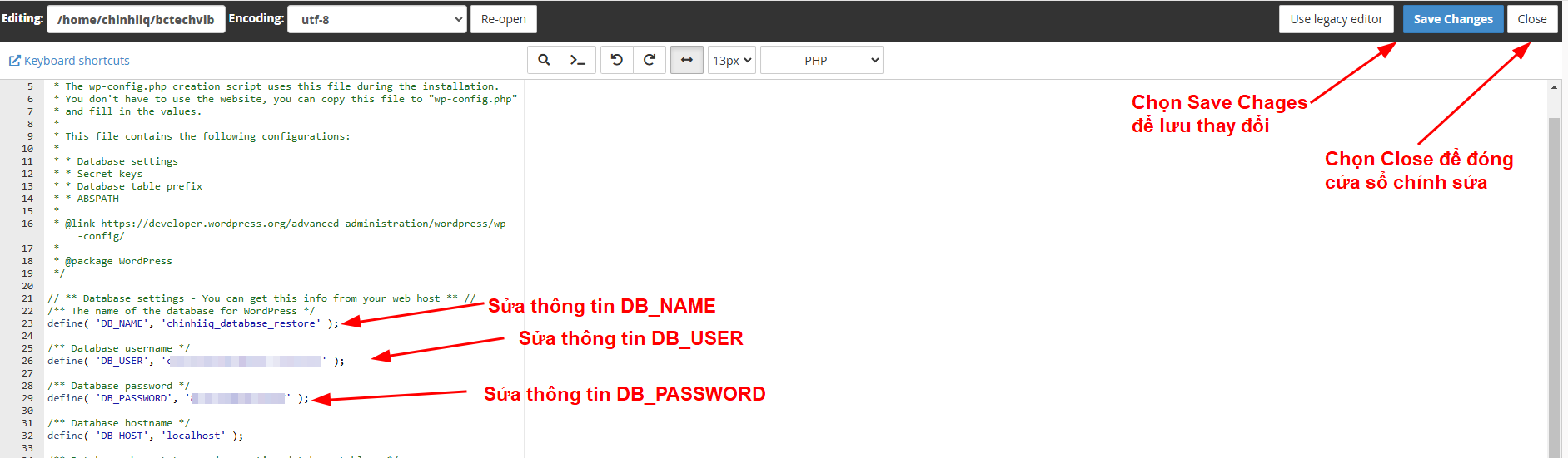 Chỉnh sửa thông tin database trong wp-config.php.