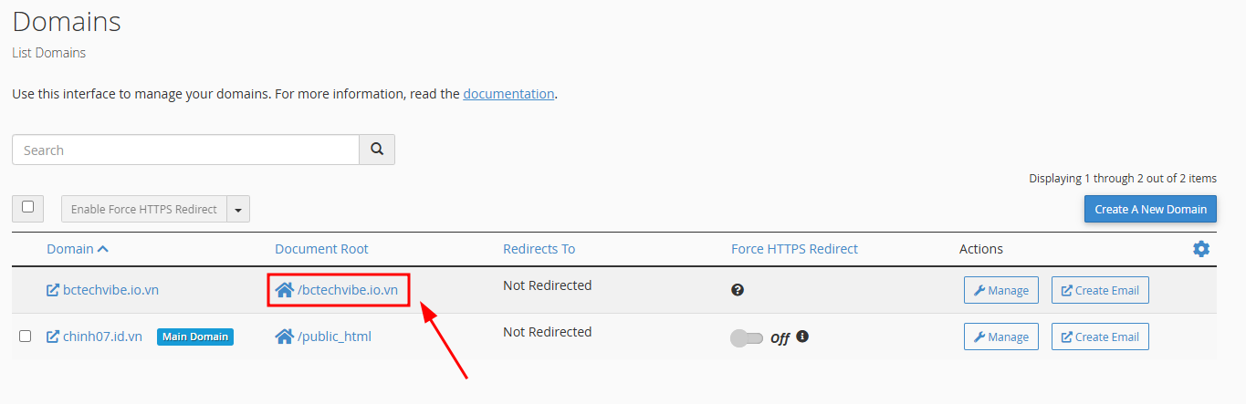Chọn đường dẫn thư mục website (cột Document Root).
