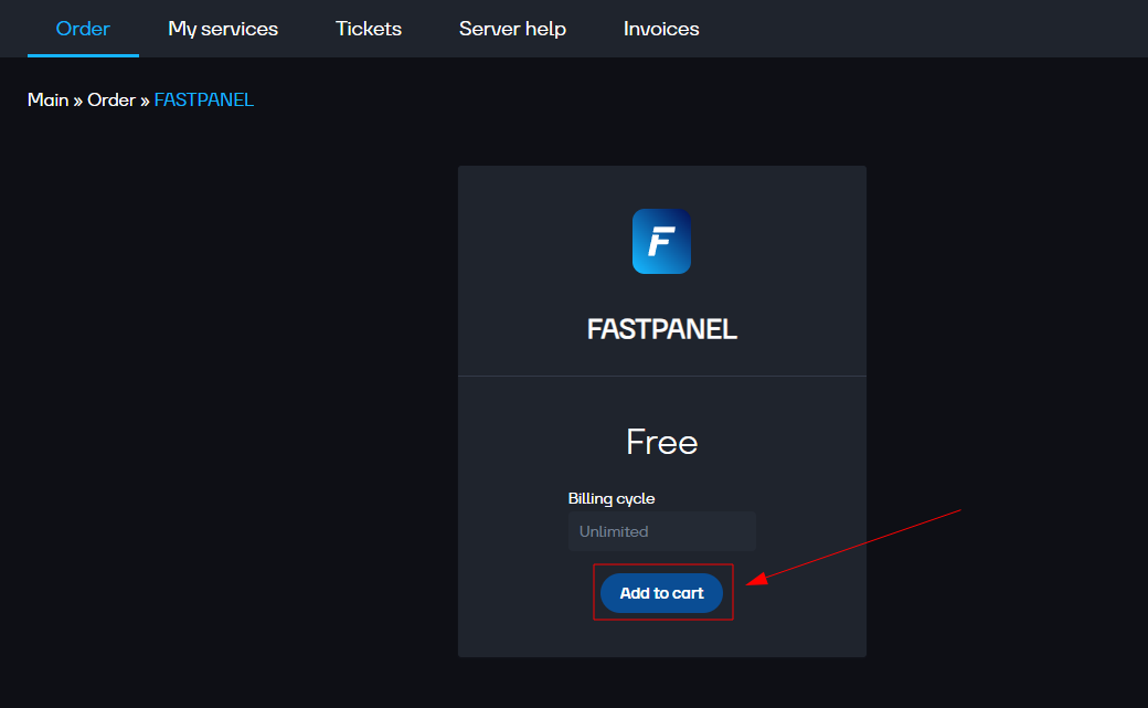 Giao diện đặt FASTPANEL với nút Add to cart được đánh dấu để thêm giấy phép miễn phí.