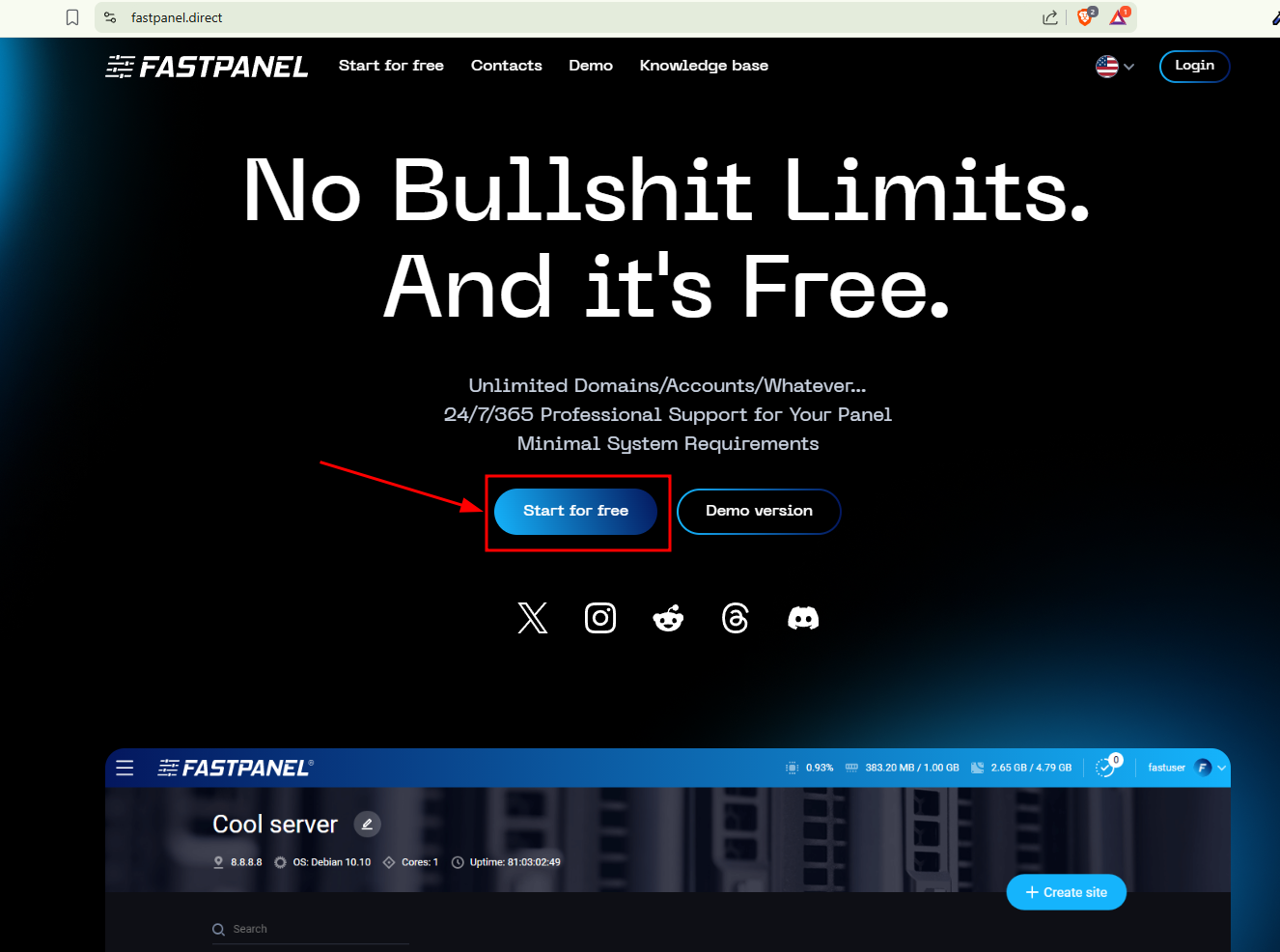 Giao diện trang chủ của FastPanel.
