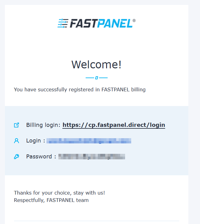 Email thông tin tài khoản của FastPanel gửi sau khi đăng ký tài khoản thành công.