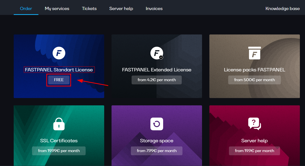 Giao diện Order trong FastPanel.