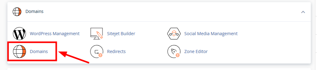 Tìm và chọn mục Domains