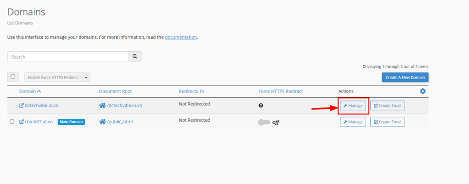 Nhấn vào nút "Manage" (Quản lý) trong cột Actions của tên miền cần xoá.